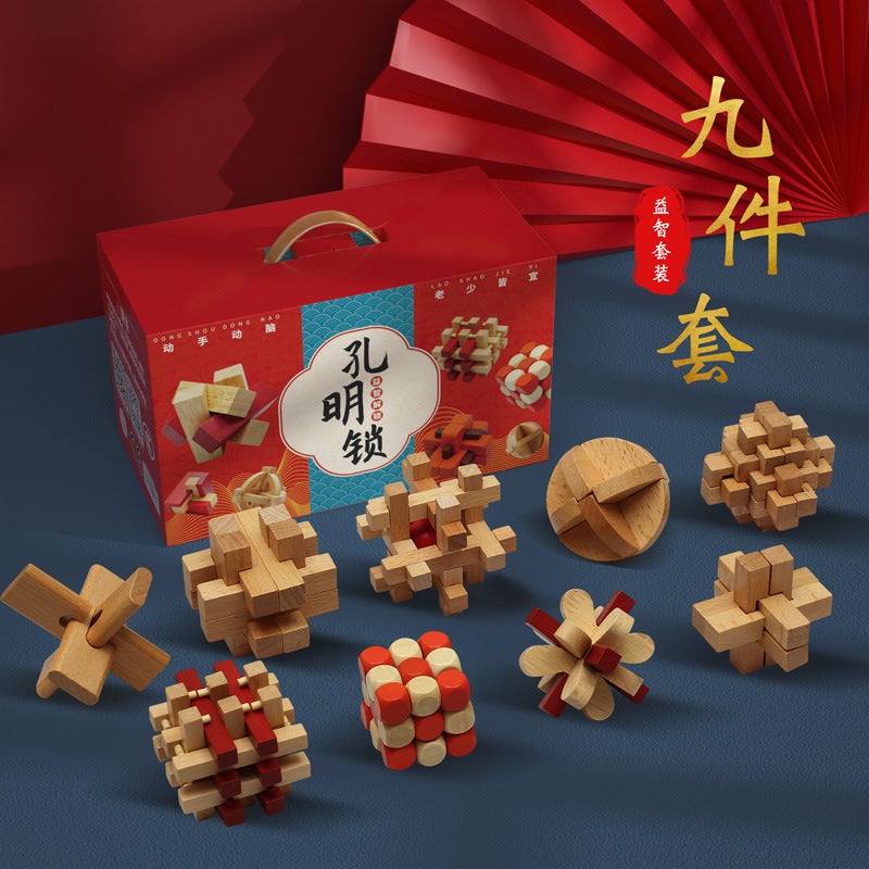 Kongming Lock Luban Lock Full Set Of Intelligence Unlocking Suit Primary School Children Nine-Chain Wooden Educational Toys Building Blocks - Image 1